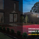 A hero image which showcases a Simonds home with a dreamcourts basketball court. Overlayed is the text 'Dreamcourts. Dream it. Quote it. Own it. Hoop dreams start here.'