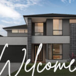 A photo of a house facade with the text 'Welcome' written over it