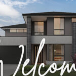 A photo of a house facade with the text 'Welcome' written over it