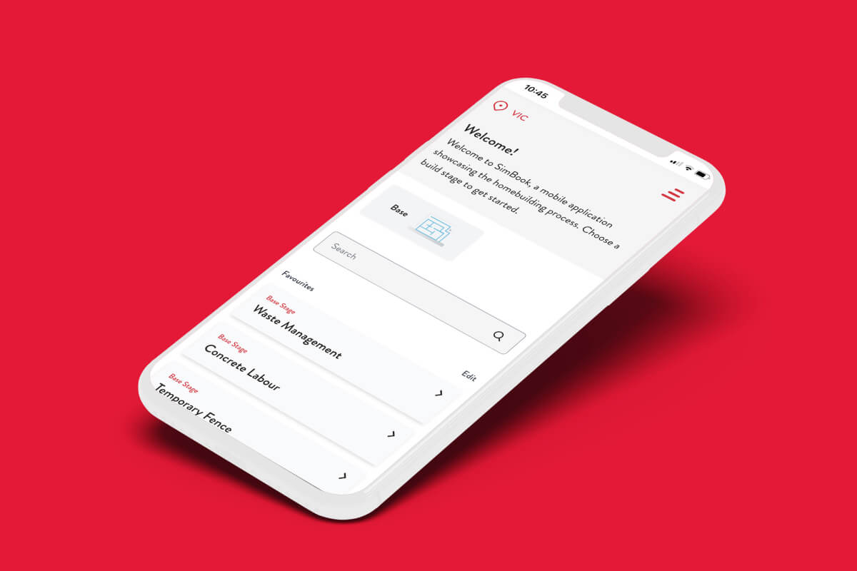 A mobile mockup of the Simbook app on a red background